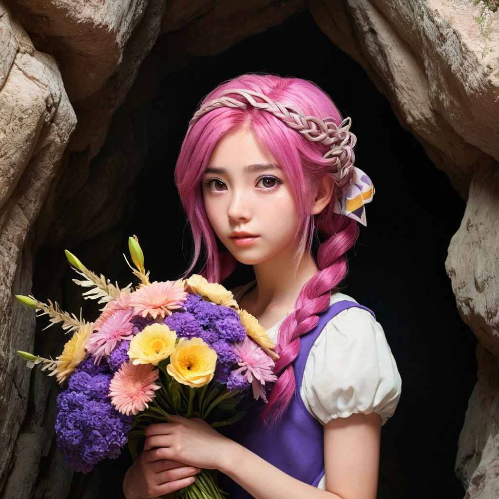 (ultra-Detailed Background, Detailed Background), Absurd, High resolution, Super detailed, Very detailed, One girl, yae miko, Pink Hair, Purple eyes, (bouquet:1.3), (Tangled:1.2), (Geometric:1.2),(colorful),((Domestically human))Abandoned cave: Novel-style, Rempie, mystery, Individuality, Unique places, Closed, Horizontal view  