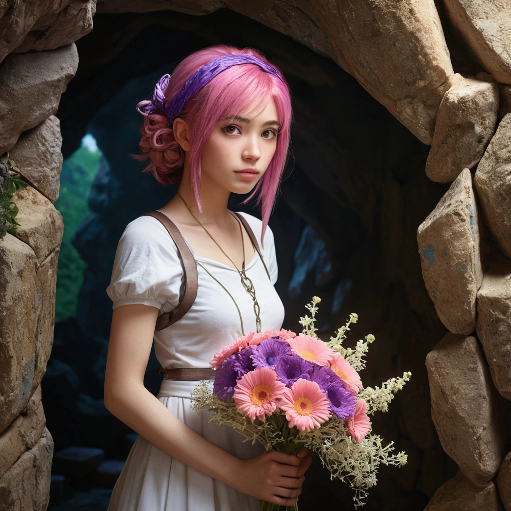 (ultra-Detailed Background, Detailed Background), Absurd, High resolution, Super detailed, Very detailed, One girl, yae miko, Pink Hair, Purple eyes, (bouquet:1.3), (Tangled:1.2), (Geometric:1.2),(colorful),((Domestically human))Abandoned cave: Novel-style, Rempie, mystery, Individuality, Unique places, Closed, Horizontal view  