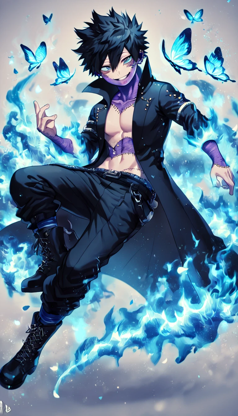 absurdres, highres, ultra detailed, HDR, master piece, best quality, extremely detailed face, delicated features, Dabi, black hair, expressive turquoise eyes, Boku No Hero Academia, solo, sexy man, handsome, smiling, black coat, black pants, black boots, fantasy, magical, blue fire butterflies, fire flowers, blue fire, blue flames, background in flames