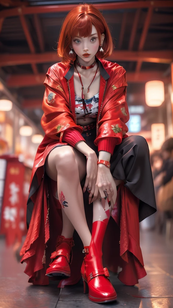 (masterpiece:1.2), Highest quality,Samurai Girl,
One girl, Red eyes, Earrings, alone, multicoloRedhead, jewelry, View your viewers, Blurred, whole body, bangs, Redhead, Jacket, squat, Blurred background, choker, short hair, Long sleeve, Red nails, Mouth closed, Red footwear, Floral print, red Jacket, Striped Hair,knife
