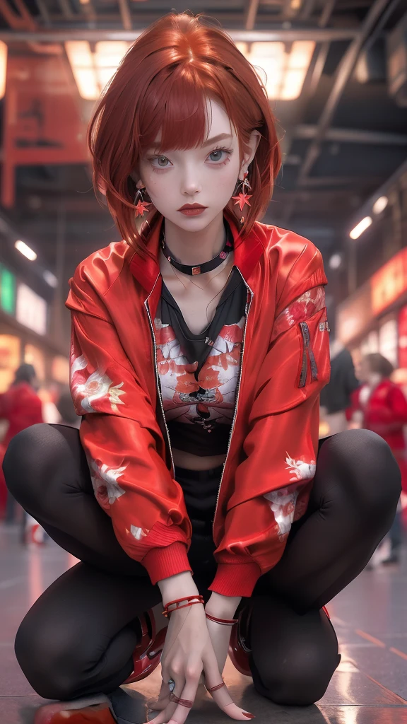 (masterpiece:1.2), Highest quality,Samurai Girl,
One girl, Red eyes, Earrings, alone, multicoloRedhead, jewelry, View your viewers, Blurred, whole body, bangs, Redhead, Jacket, squat, Blurred background, choker, short hair, Long sleeve, Red nails, Mouth closed, Red footwear, Floral print, red Jacket, Striped Hair,knife