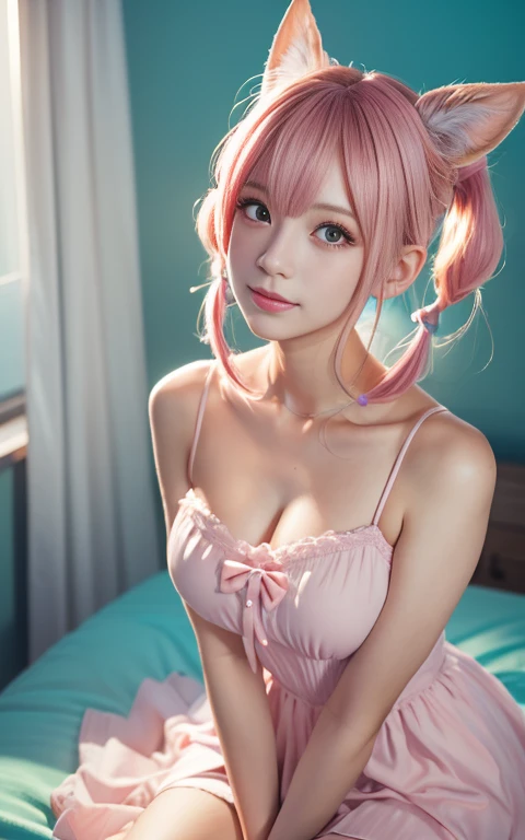 {{masterpiece}}，Highest quality，Highly detailed CG Unity 8K wallpapers，One Woman，Cinema Lighting，Lens Flare Glow, Perfect Style, Perfect body, Clear, beautiful eyes, Long eyelashes, Anime girl with pink hair and bunny ears sitting on bed。, Pink pigtails and cyan eyes, Cute anime wife in a nice dress, Splash art anime , Magical Girl Portrait, Popular on Art Station Pixiv, Highest rated on pixiv, Anime Style 4k, Anime Moe Art Style,