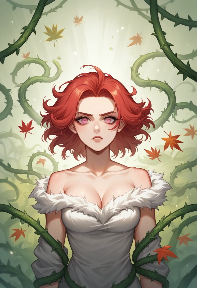 atmosphere terror sombria Beautiful Goku + Vampira xman sexy Sensual woman, orange soft skin, white fluff flying and raindrops inside, dry leaves and vines woven into her red hair, highly detailed face, perfect pink eyes detailed, soft and sharp focus, artwork by Karn Griffiths and Vadim Kashin, Trending in the art station, sharp focus, intricate, highly detailed by Greg Rutkowski, mysterious, epic, cinematic, action-packed backdrop