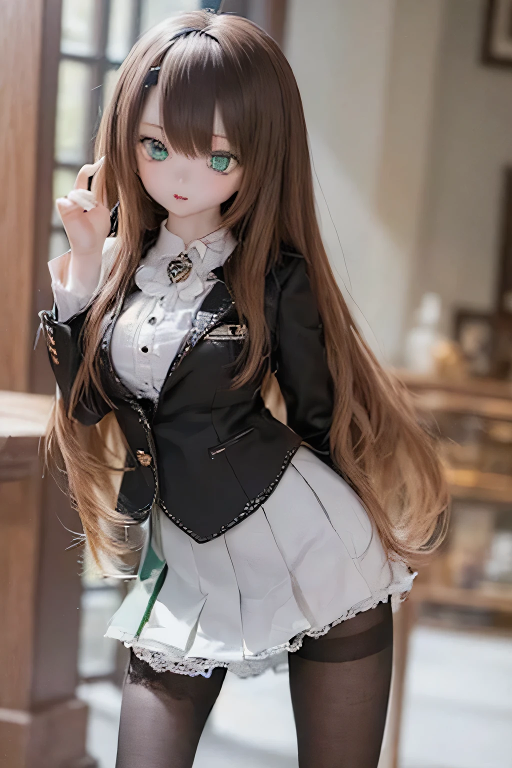 (SFW:2), photorealistic, realistic photo, 8k, ((highest quality)), ((masterpiece)), (extremely detailed), kukolnydom, doll, (mature woman, 21yo, 21 years old, solo:1.6), ((cowboy shot, stylish pose, slim, slender, skinny, medium breasts, hairband, ascot, vest, blouse, long puff sleeves, pleated skirt, black pantyhose)), (green eyes, brown hair, long hair, plastic skin, looking at another, glass eyes, gradient eyes, shining eyes, detailed eyes:1.3)