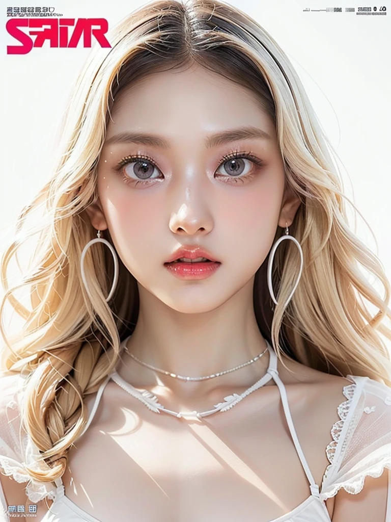 (((white background 2.0)))、((High key portrait 1.3))、Professional Lighting、(((Professional Lighting 1.5)))、(Translucent skin texture))、Beautiful Skin、Fair skin、(((Whitening 1.5)))、((White lace dress 1.5))、(((High leg underwear 1.5)))、Slim figure、(((Magazine Cover 1.5)))、(((漫画のMagazine Cover 1.5)))、Headline: Lots of blondes、Loose wavy hair、Vibrant pose、sex appeal、sexy、Sex Appeal、Ecstasy、
