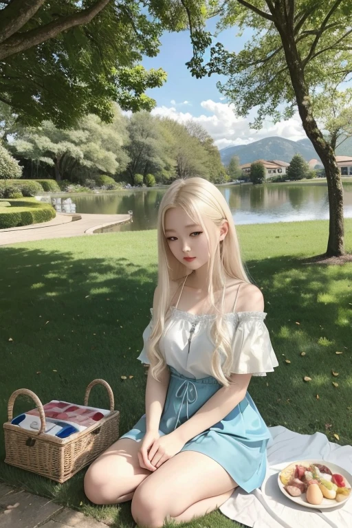 a -yead blo Asian girl Jang Wonyoung and Sullyoon with Caucasian features, She looks completely ethereal and angelic, her hair is almost white blonde., her skin is very pale and she is very thin, Her nose is small and thin and turned up. Her eyes are pastel blue. She is in a park on a picnic with her dog behind her. There is a pond and in the distance you can see an Italian villa. 