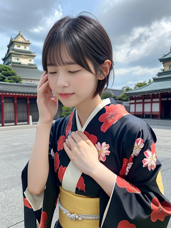 (She was wearing a beautiful and colorful red kimono.、Close-up portrait of a short-haired woman with blunt bangs:1.5)、(A woman praying with her eyes closed at Osaka Castle:1.5)、(A shrine in Japan with a winter sky:1.5)、(Perfect Anatomy:1.3)、(No mask:1.3)、(Full Finger:1.3)、36 years old、Slightly upturned、Married Woman Style、cute、Realistic、photograph、Tabletop、Highest quality、High resolution, Delicate and beautiful、Perfect Face、Beautiful attention to detail、Fair skin、Real human skin、pores、((Thin legs))、(Black Hair)