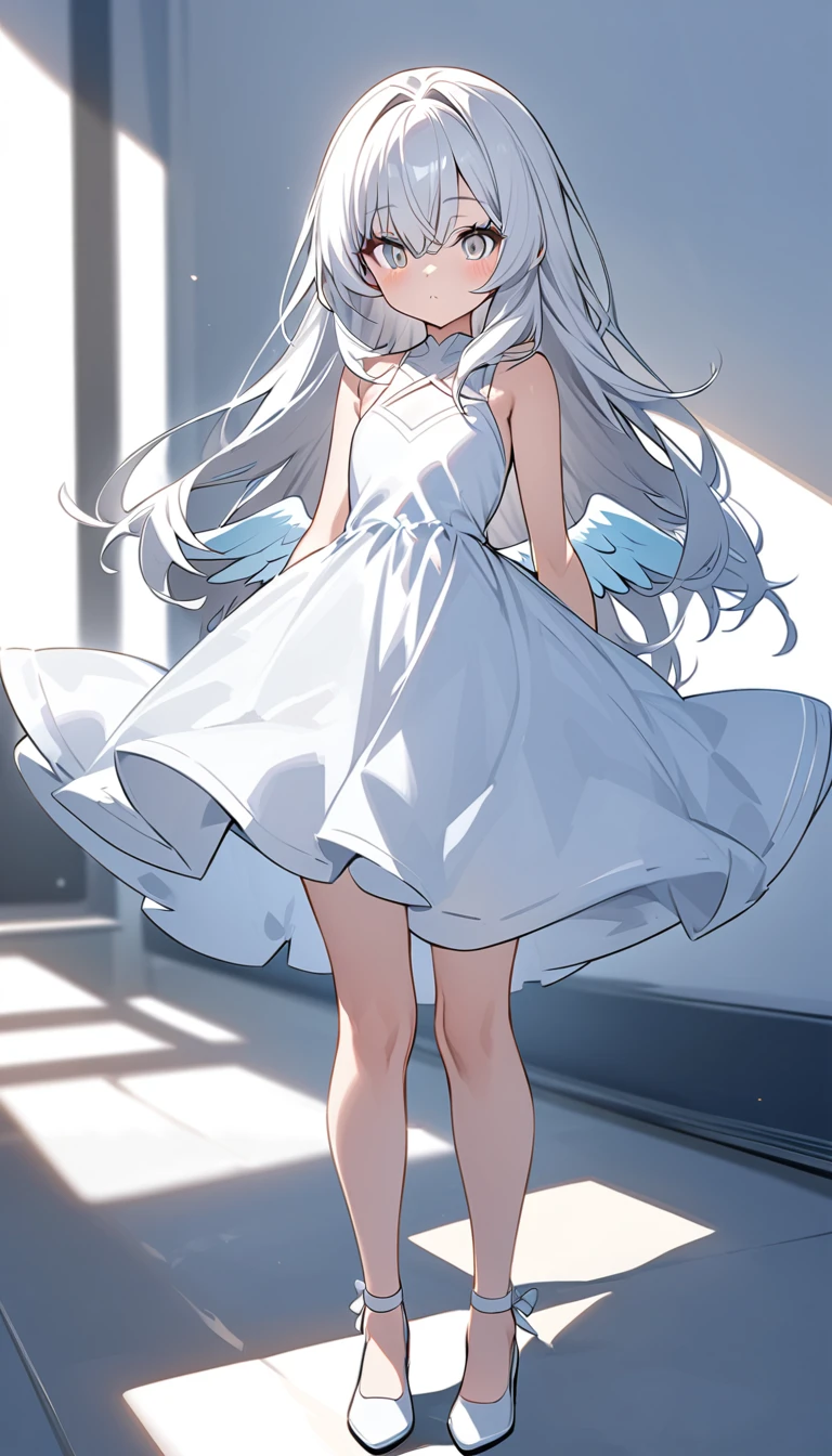ultra-detalled Cute Girls Long white hair Silver eye White dress Angel Standing posture whole body