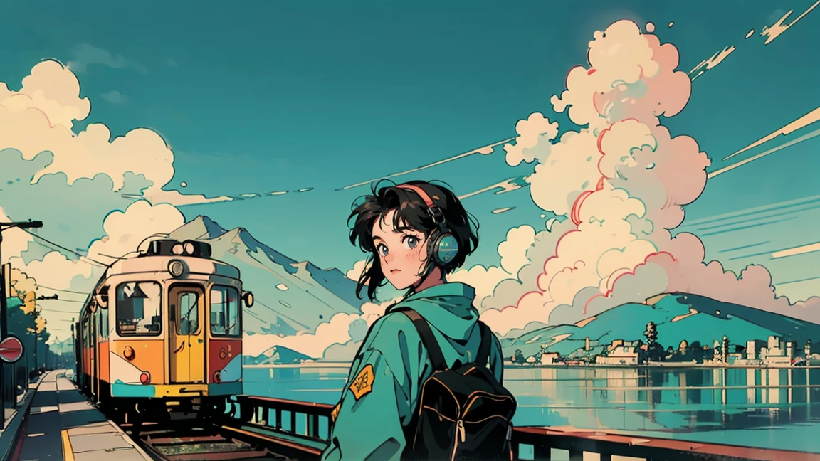 Train path along the coast. A green and yellow streetcar is stopping. In the background is the blue sea, sky, and white clouds. In the foreground is a railroad crossing sign, and a 21-year-old girl in 80's style is wearing headphones and looking back in front of the train. The overall color scheme has a retro feel.