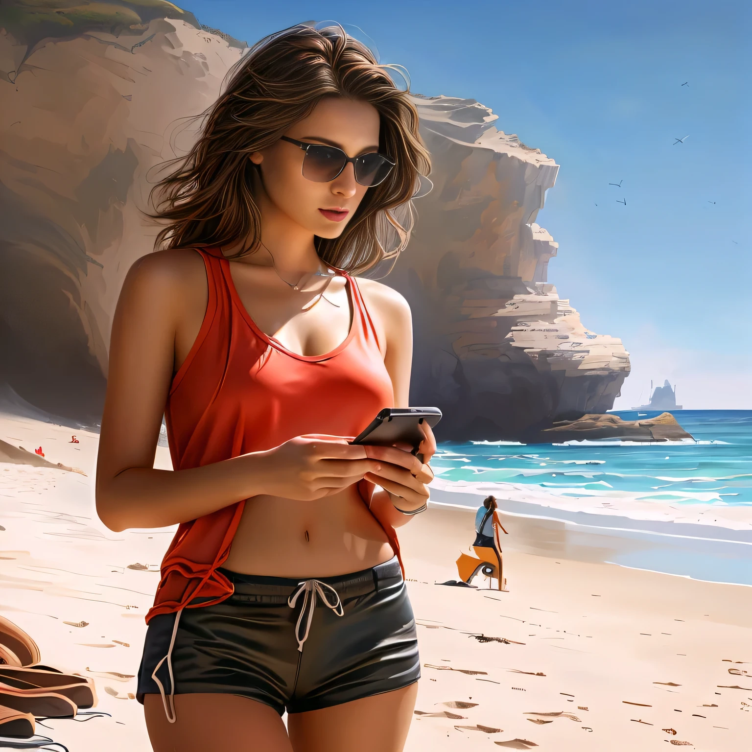 there is a woman standing on the beach looking at her cell phone, beautiful digital artwork, photorealistic digital painting, highly realistic digital art, photorealistic digital art, realistic digital painting, stunning digital illustration, gorgeous digital painting, very realistic digital art, stunning digital painting, checking her phone, glossy digital painting, alena aenami and android jones, ultrarealistic digital art