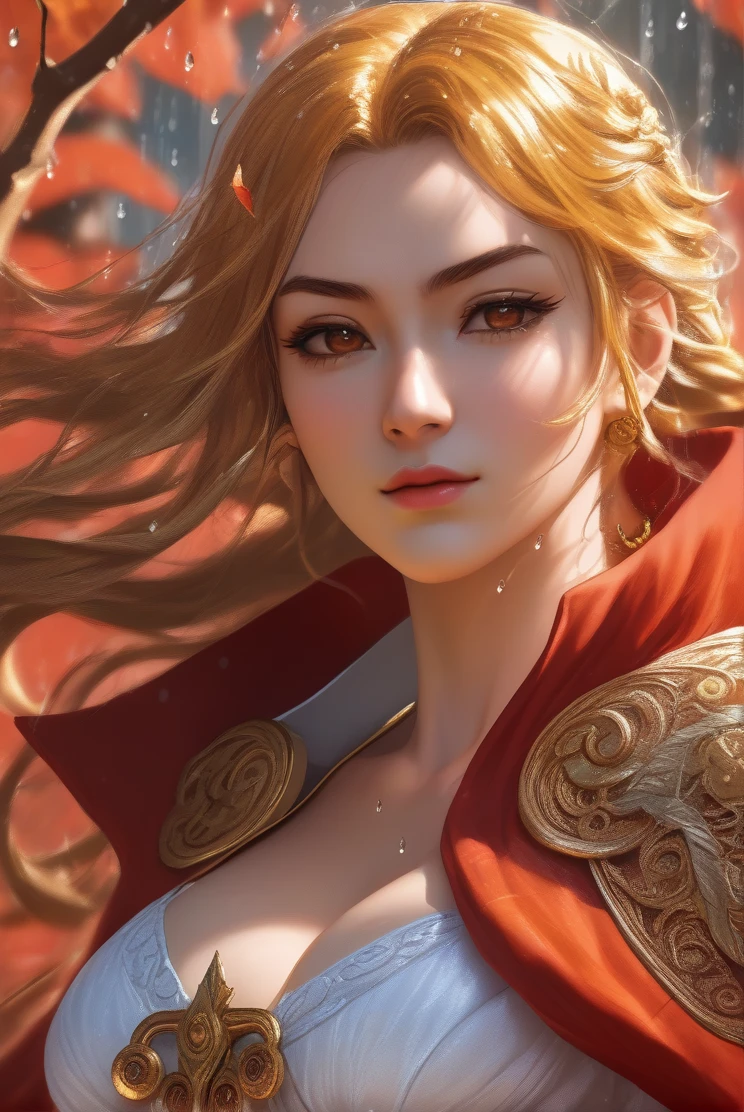 atmosphere terror sombria Beautiful sakura + Escanor sexy Sensual woman, red soft skin, white fluff flying and raindrops inside, dry leaves and vines woven into her gold hair, highly detailed face, perfect silver eyes detailed, soft and sharp focus, artwork by Karn Griffiths and Vadim Kashin, Trending in the art station, sharp focus, intricate, highly detailed by Greg Rutkowski, mysterious, epic, cinematic, action-packed backdrop