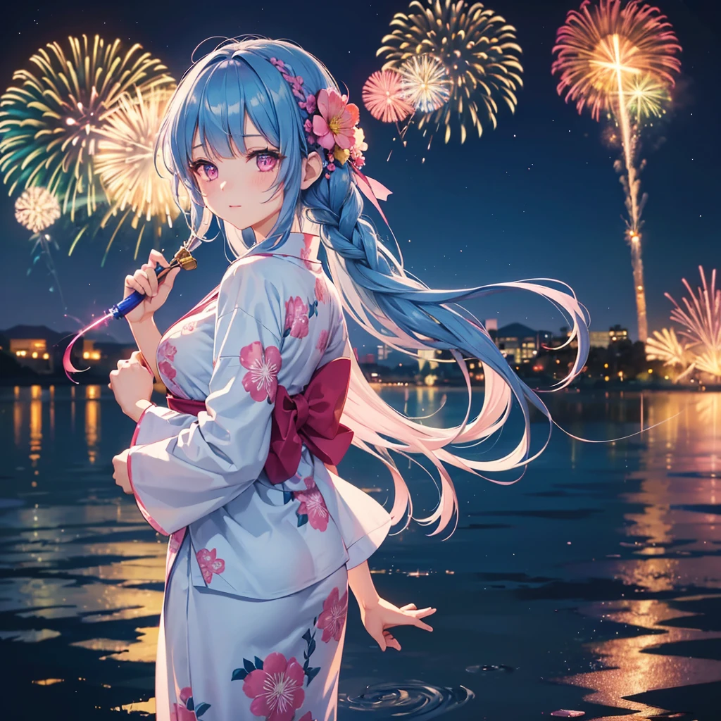 Sky Blue Medium Hair, (Braided hair),(Pink Eyes),Fair skin ,(whole body),(1 girl)、Floral Yukata、summer night、Fireworks on the lake、Big fireworks、Straight bangs,(masterpiece, Highest quality, Very detailed, Best Shadow), (Detailed Background), (Beautifully detailed face), High Contrast, (Best lighting, Very delicate and beautiful), ((Cinematic Light)), colorful, Hyper Detail 8k, Dramatic Light, Intricate details,Fireworks light reflected on the water