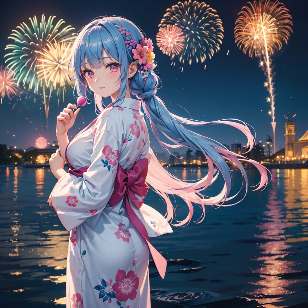 Sky Blue Medium Hair, (Braided hair),(Pink Eyes),Fair skin ,(whole body),(1 girl)、Floral Yukata、summer night、Fireworks on the lake、Big fireworks、Straight bangs,(masterpiece, Highest quality, Very detailed, Best Shadow), (Detailed Background), (Beautifully detailed face), High Contrast, (Best lighting, Very delicate and beautiful), ((Cinematic Light)), colorful, Hyper Detail 8k, Dramatic Light, Intricate details,Fireworks light reflected on the water