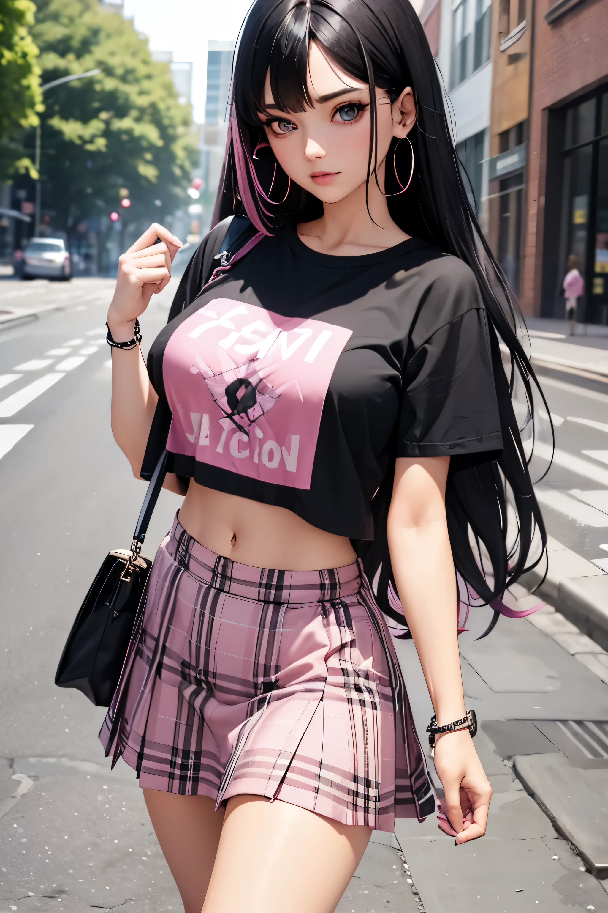 Woman, Black hair, pink hair, (Black and Pink Hair), long hair, (Blue Eyes), (Very Large Breasts), Pink Plaid Mini Skirt, black cropped tshirt, Dark Eye Liner, Walking on Street