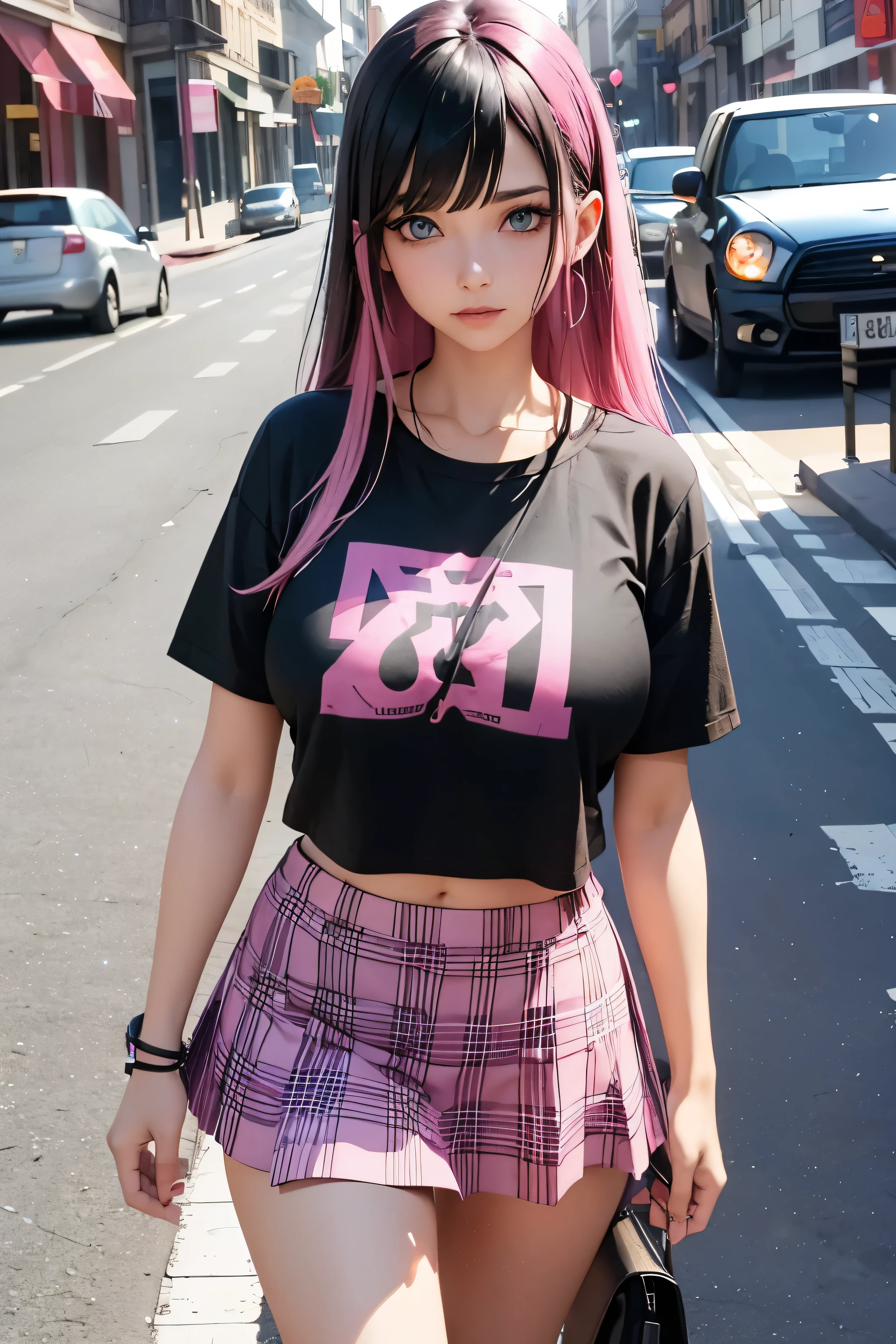 Woman, Black hair, pink hair, (Black and Pink Hair), long hair, (Blue Eyes), (Very Large Breasts), Pink Plaid Mini Skirt, black cropped tshirt, Dark Eye Liner, Walking on Street