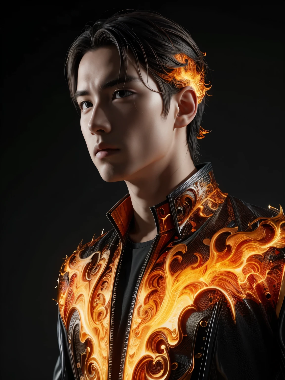 (high quality), (masterpiece), (detailed), 8K, Hyper-realistic illustration of (Japanese boy1.2) with striking (lava-inspired attire1.3) adorning his upper body. (Intricate flames1.2) dance across his (black shirt1.2), while (molten lava1.3) flows down his ( sleeves1.2). (Vibrant orange1.2) and (deep red1.2) hues illuminate his (determined expression1.2), set against a (dark, gradient background1.2). In style of Hidetaka Tenjin, trending on Artstation.