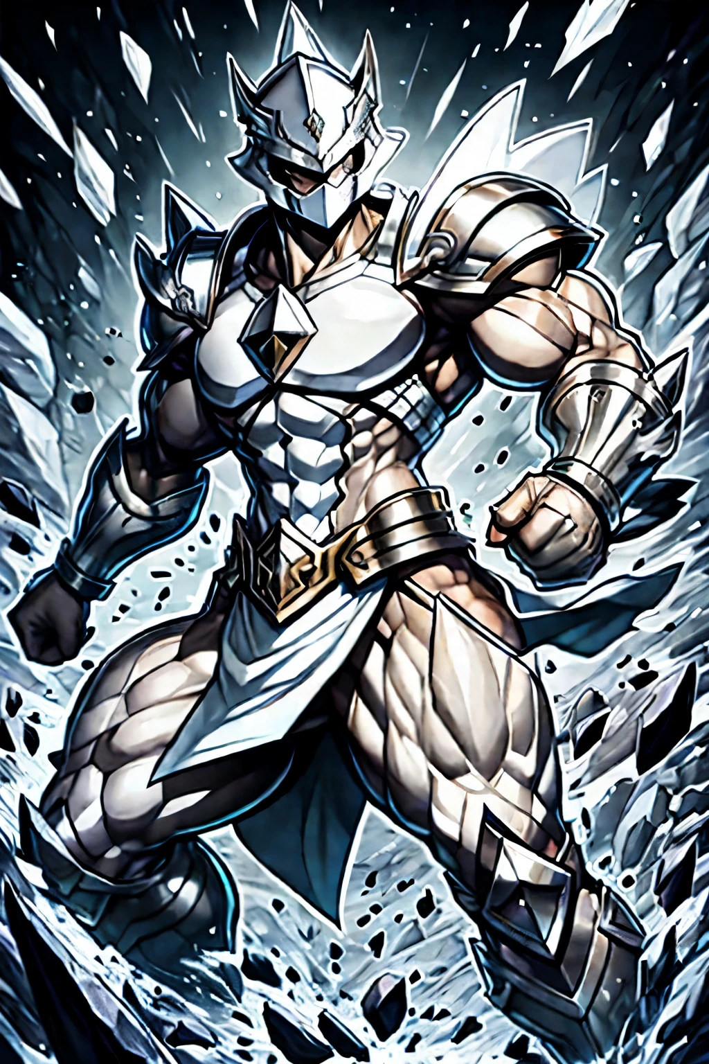 Silver male masked warrior overflowing rock power 