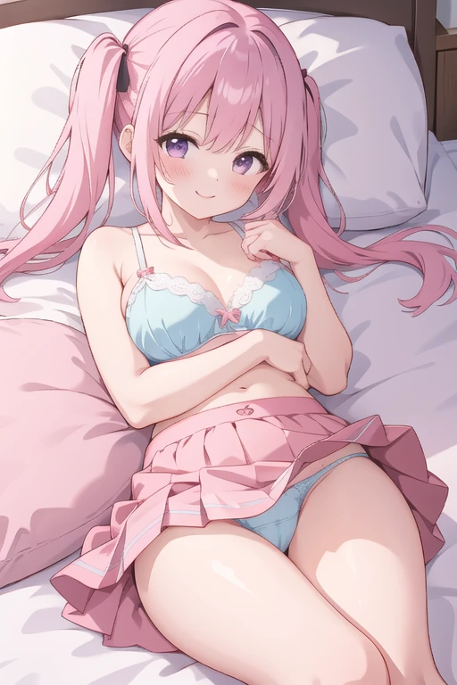 Pink Hair、Girl with long twin tails、On the bed、Lying down、In a bra、Skirt Lift、I can see her panties、blush、smiling