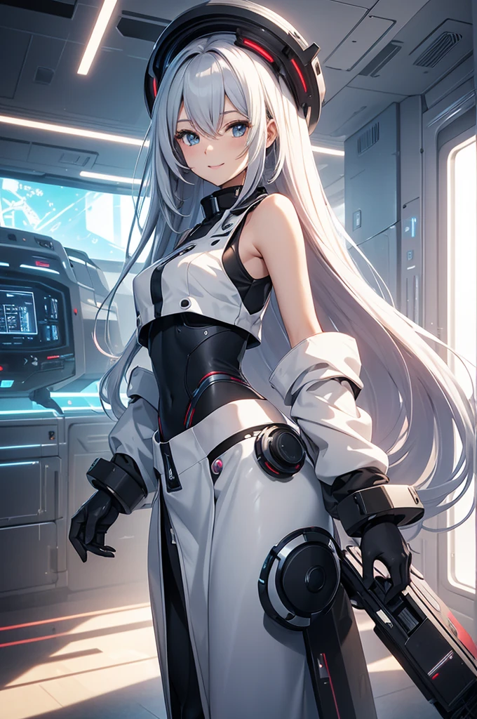 a beautiful anime  ,  in robotic  crop sleeveless  top , ,  long hair , soft skin , smile and parted lips  , cute  ,  in a futuristic room  ,  , stylish , , anime
