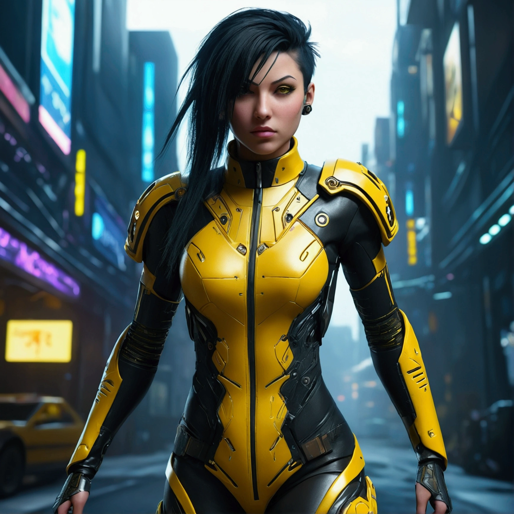 (ultra-Detailed Background, Detailed Background), absurdes, High resolution, Super detailed, Very detailed, One girl(yellow cyber punk speed tactical suit:1) (1 Female) Dark Theme :: Focus on close-up face, Serious face, Civetik visor, :: Medium Black Hair, Thick thighs :: ultra realistic futuristic speedster scifi cyber punk athletic woman, Iris, ((Runs down the middle of the road emitting yellow rays, cyber punk, Shadowrun, scifi high tech cyber punk)) :: cool cyber punk yellow speed combat suit :: Natural light :: Bokeh :: 8k :: Highest quality :: masterpiece :: Very detailed:1.5