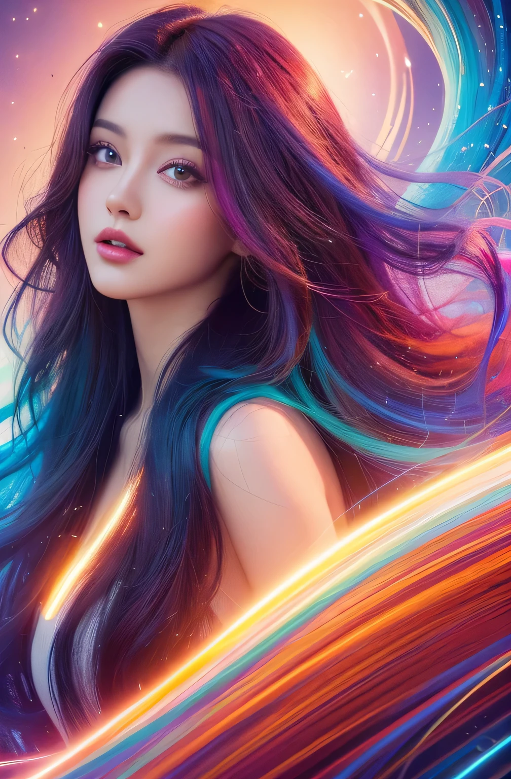 Painting of a woman with long colorful hair, Beautiful digital illustrations, Stunning digital illustrations, Gorgeous digital art, A beautiful artistic illustration, Beautiful digital artwork, Beautiful digital art, Beautiful digital illustrations, Complex digital painting, very Beautiful digital art, Vibrant digital painting, beautiful Gorgeous digital art, Psychedelic flowing hair, Colorful numbers, Inspiring digital art, Stylized digital art