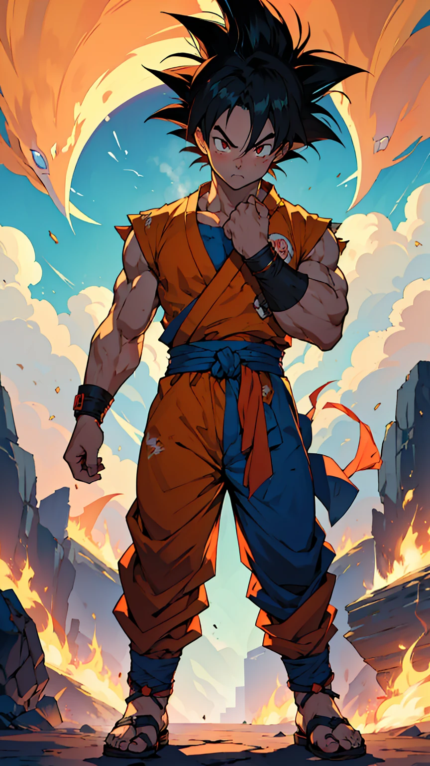 anime style, score_9, score_8_up, score_7_up, score_6_up, score_5_up, score_4_up, Son Goku, ((1boy, 独奏)), full body, Goku&#39;s Face,Black orange kimono, Groin bulge, Hand cross, Blurred Background, Angry expression, comics, Rope tied around the waist, (((((muscular))))), (nympho/nymphomaniac/bitch/erotomania/naughy/lewd), Pleasure/Pain, steam/breath,heavy breathing/breathless, 