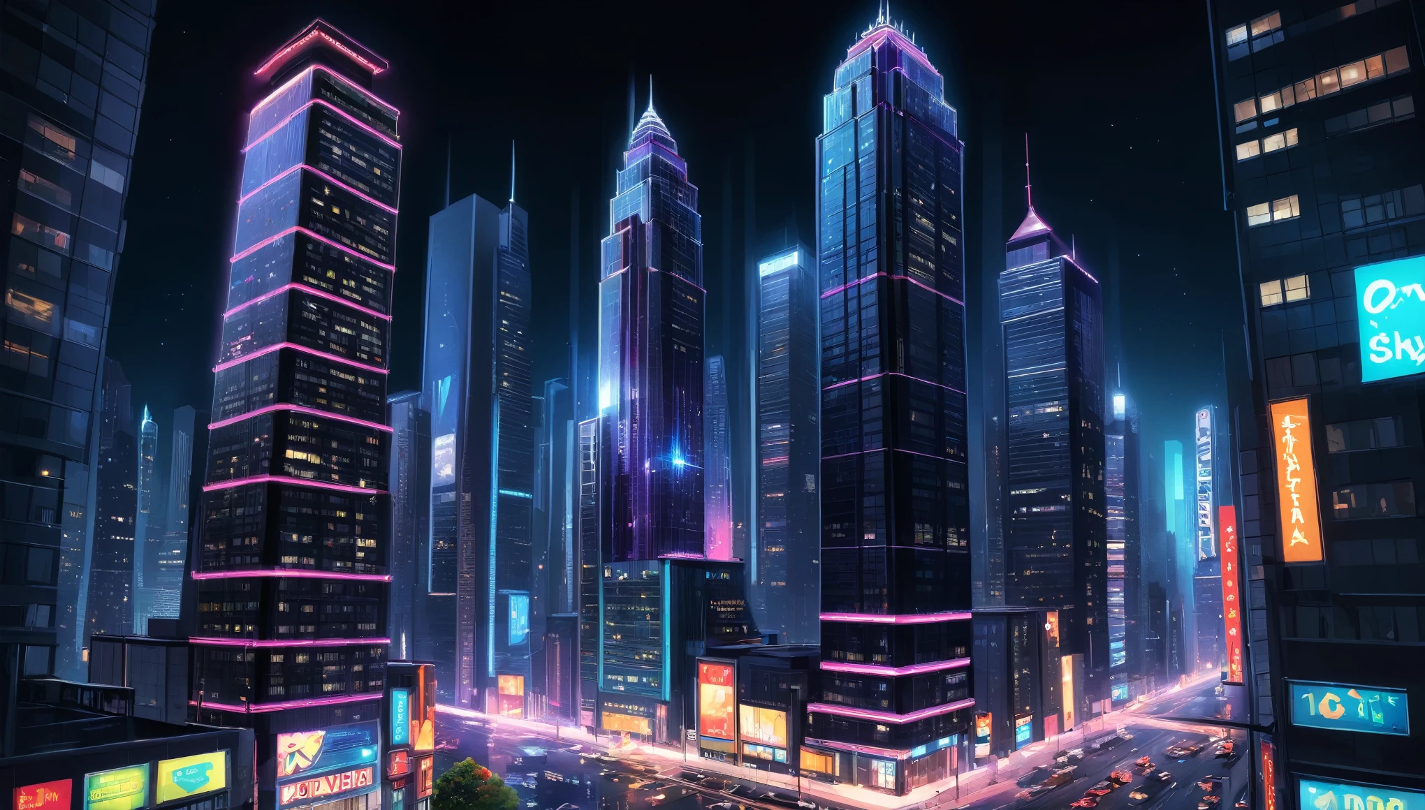 An illustration of a nighttime cityscape with skyscrapers. The windows of the tall buildings are sparkling with bright lights, creating a vibrant and energetic urban atmosphere. The scene includes streetlights and neon signs adding to the beautiful night view.