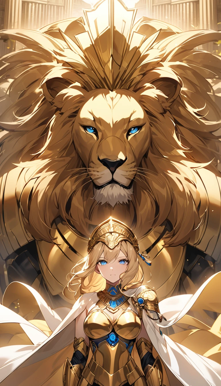 Tall pale woman, short blonde hair, bright blue eyes, large breasts, dressed in golden armor based on the sign of lion along with a helmet with Greek adornments,Along with a white cape, With a spectral lion behind her and several rays in front, Greek temple background