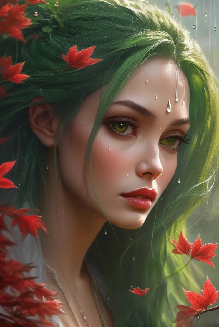 atmosphere terror sombria Beautiful sakura+ Angelina jolie sexy Sensual woman, red soft skin, white fluff flying and raindrops inside, dry leaves and vines woven into her Green hair, highly detailed face, perfect marron eyes detailed, soft and sharp focus, artwork by Karn Griffiths and Vadim Kashin, Trending in the art station, sharp focus, intricate, highly detailed by Greg Rutkowski, mysterious, epic, cinematic, action-packed backdrop