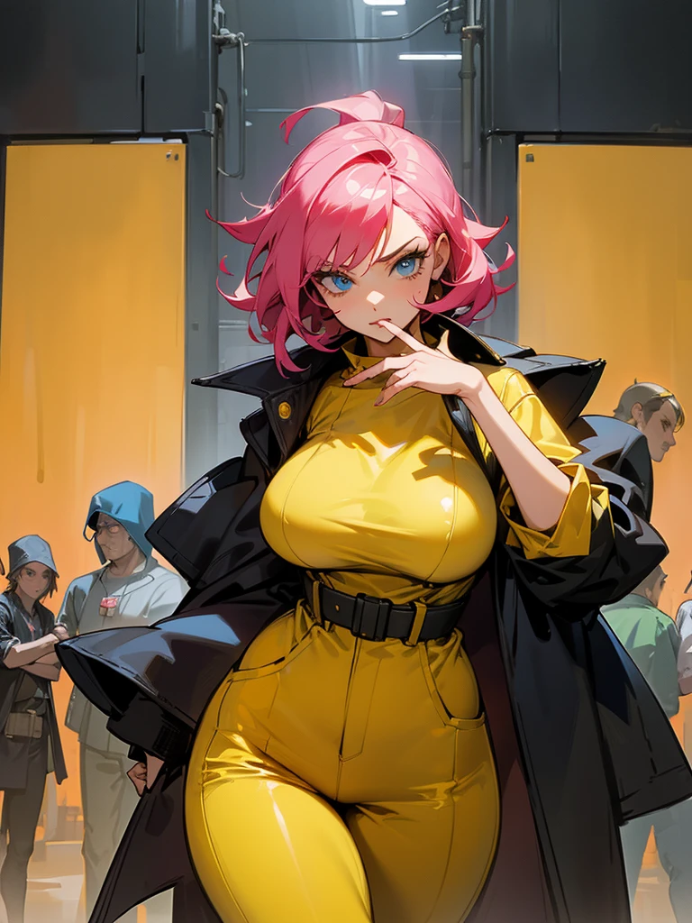 Mature woman with serious look, Facial Focus, big pink hair, shining blue eyes, wearing a mustard yellow jumpsuit with big capuz, breasts big, looking 35 years old, eye on the spectator, look to the camera, , the background is a cyberpunk battlefield, Free hands, thick-thighs, ((look ahead)), Masterpiece artwork, Cyberpunk war scenario, shooting machines, capuz amarelo, seios pontudos