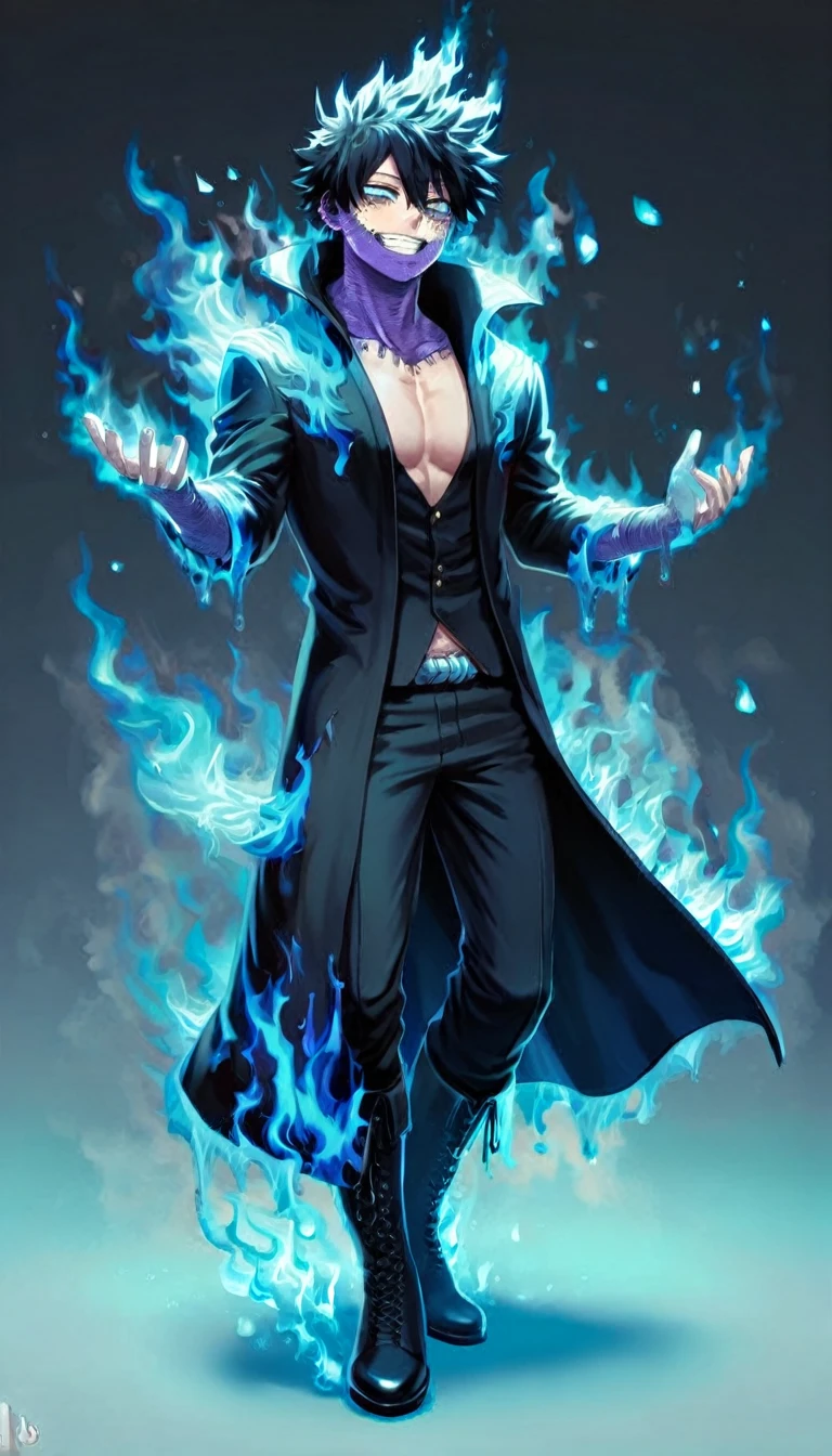 absurdres, highres, ultra detailed, HDR, master piece, best quality, extremely detailed face, delicated features, Dabi, black hair, expressive turquoise eyes, Boku No Hero Academia, solo, sexy man, handsome, smiling, black coat, black pants, black boots, fantasy, magical, blue fire butterflies, fire flowers, blue fire, blue flames, background in flames