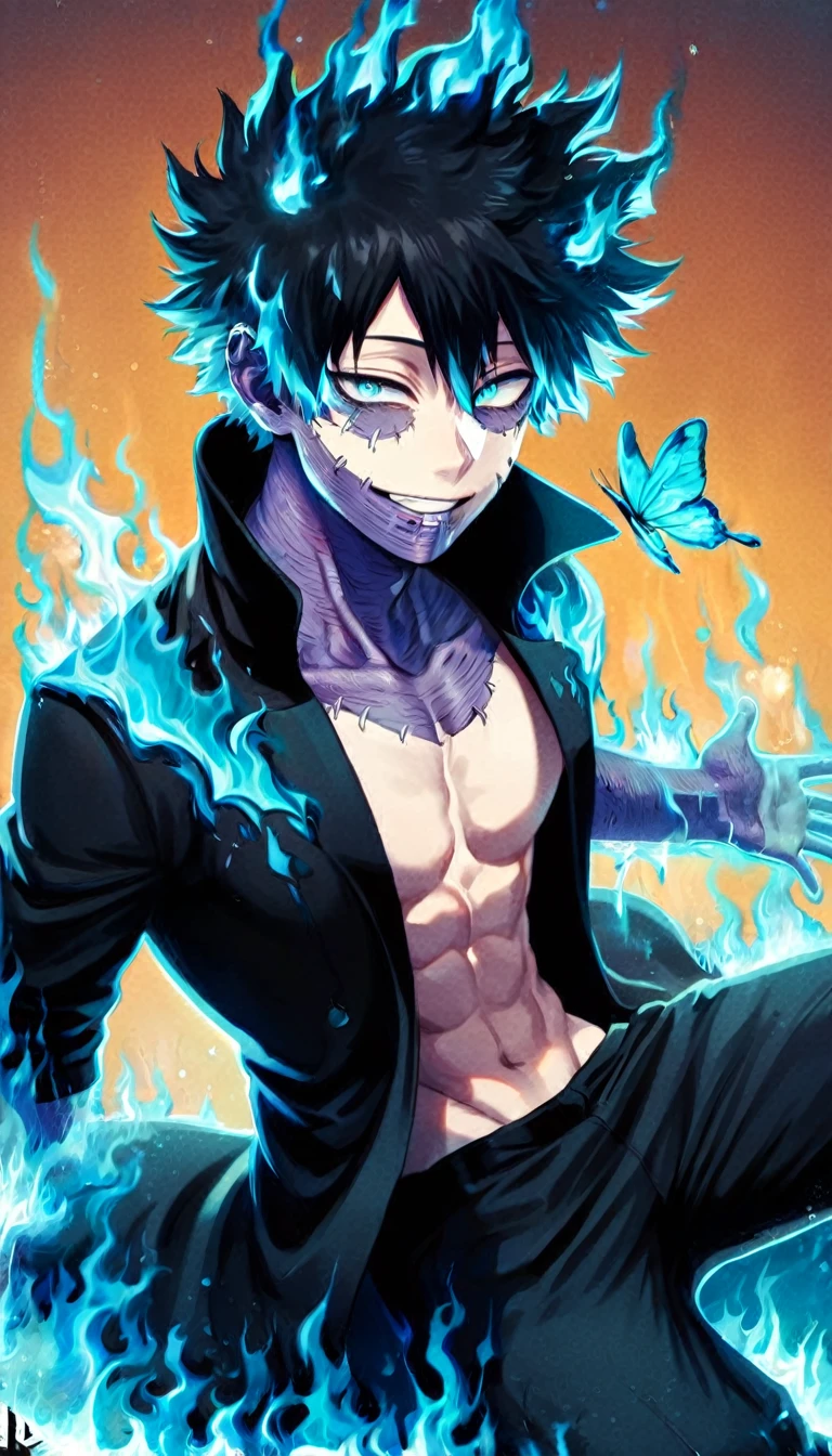 absurdres, highres, ultra detailed, HDR, master piece, best quality, extremely detailed face, delicated features, Dabi, black hair, expressive turquoise eyes, Boku No Hero Academia, solo, sexy man, handsome, smiling, black coat, black pants, black boots, fantasy, magical, blue fire butterflies, fire flowers, blue fire, blue flames, background in flames