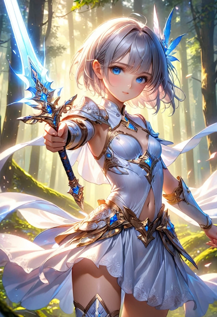 (fantasy art),(master piece),(anime style),high quality,(perfect anatomy),(perfect fingers),((1girl)),((solo)),(small breasts),slender body,silver short hair,((hand holding shining sword)),beautiful detailed blue eyes,beautiful detailed white armor,white loincloth,dynamic pose,high fantasy,magical colors and atmosphere,silky to the touch,film lighting,in the forest