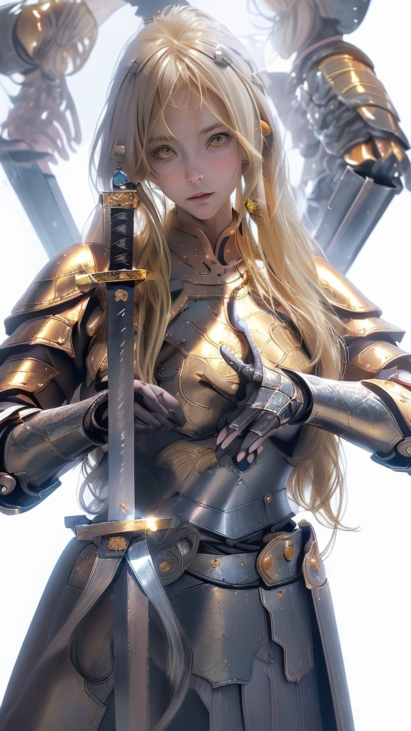 alone,An absurd solution、High resolution、(masterpiece:1.4)、Ultra-detailed、(Detailed fingers),(一人のgirl)、美しい詳細なgirl、Detailed face、Clear and beautiful, The main viewpoint is the character, Glowing Skin, girl, woman, young, ((Blonde))、(Beautiful shape),(Twink),(blonde)、(Blondeの),(Hair length)、(Hair Intake:1.8),(Hair Intake:1.8),(Golden Eyes:1.5),cute、Beautiful expression、Beautiful Eyes,((knight))、Fantasy Costume,original character,((Put on your armor))、((Heavy Armor、breastplate)),(With Western sword:1.5),((Medieval European Costume)),,(Huge boobs:0.9), (encounter:1.2),(Full body portrait),(Are standing:1.3),((White background:1.4)),Absolute area