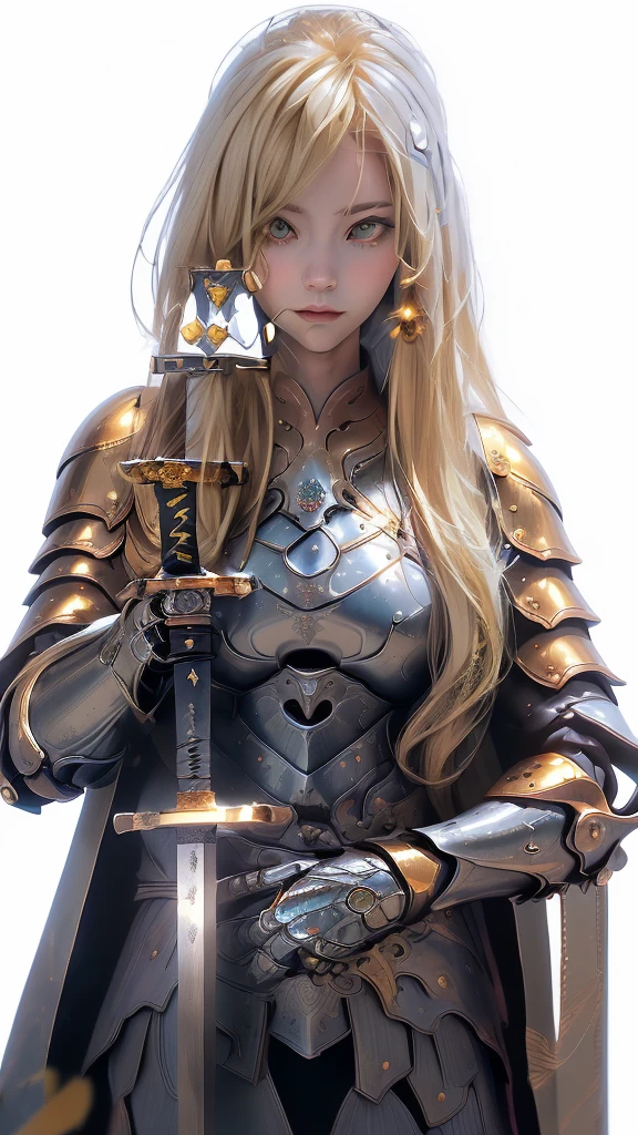 alone,An absurd solution、High resolution、(masterpiece:1.4)、Ultra-detailed、(Detailed fingers),(一人のgirl)、美しい詳細なgirl、Detailed face、Clear and beautiful, The main viewpoint is the character, Glowing Skin, girl, woman, young, ((Blonde))、(Beautiful shape),(Twink),(blonde)、(Blondeの),(Hair length)、(Hair Intake:1.8),(Hair Intake:1.8),(Golden Eyes:1.5),cute、Beautiful expression、Beautiful Eyes,((knight))、Fantasy Costume,original character,((Put on your armor))、((Heavy Armor、breastplate)),(With Western sword:1.5),((Medieval European Costume)),,(Huge boobs:0.9), (encounter:1.2),(Full body portrait),(Are standing:1.3),((White background:1.4)),Absolute area