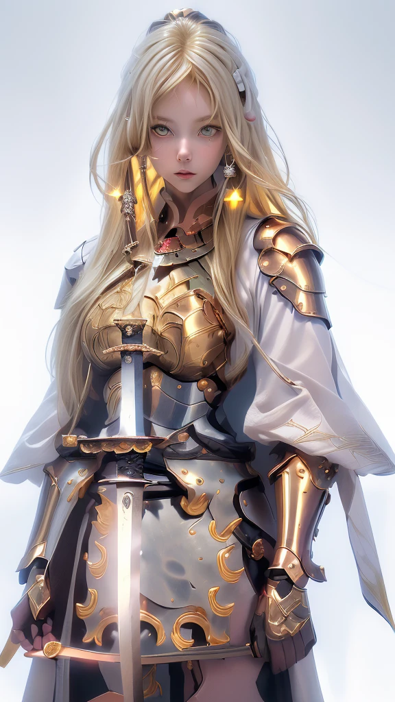 alone，An absurd solution、High resolution、(masterpiece:1.4)、Ultra-detailed、(Detailed fingers),(一人のgirl)、美しい詳細なgirl、Detailed face、Clear and beautiful, The main viewpoint is the character, Glowing Skin, girl, woman, young, ((Blonde))、(Beautiful shape),(Twink),(blonde)、(Blondeの),(Hair length)、(Hair Intake:1.8),(Hair Intake:1.8),(Golden Eyes:1.5)，cute、Beautiful expression、Beautiful Eyes,((knight))、Fantasy Costume,original character,((Put on your armor))、((Heavy Armor、breastplate)),(With Western sword:1.5),((Medieval European Costume)),,(Huge boobs:0.9), (encounter:1.2),(Full body portrait),(Are standing:1.3),((White background:1.4)),Absolute area