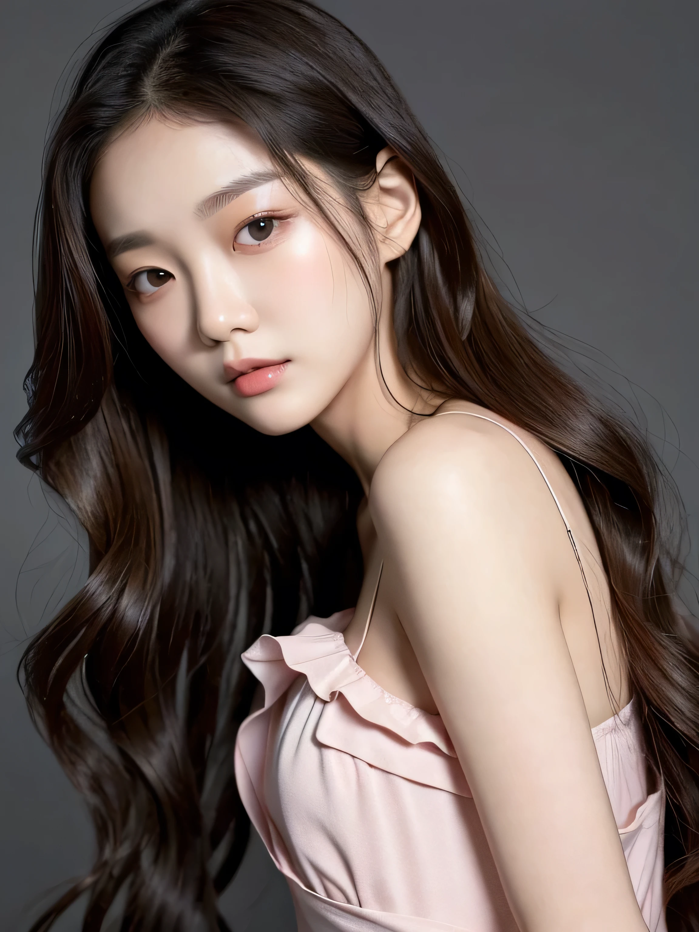 Wonyoung of IVE posing directly in front of the camera, her long and dark hair cascading down her back. Her porcelain-pink skin glows softly under a gentle highlight, accentuating her striking features. A popular Korean makeup look adorns her face, with bold brows and defined eyes. The focus is on Wonyoung's serene expression, set against a clean and minimalist background that allows her beauty to take center stage.