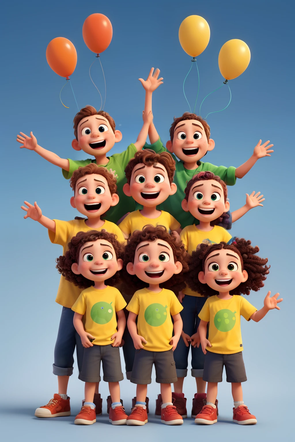 Create a Pixar-style image with "6 children of different ages, ranging from 4 to ", "close together", all happy. Each should have a unique facial expression, conveying joy and innocence, with wide smiles and bright eyes. They should all have their arms raised, posing fun for a photo, as if they were celebrating or waving.
Each should have distinct characteristics: one might be wearing glasses, another with curly hair, one with a colorful hat, and so on. The clothes should be vibrant and varied, with cheerful colors such as red, blue, yellow and green. On one of the children's shirts, "Children's Network" should be clearly written.
The background of the image should be equally colorful and vibrant, perhaps with balloons, a clear blue sky, and elements that convey a festive and welcoming atmosphere. The image should capture a magical moment, full of life and energy, typical of a Pixar animation.