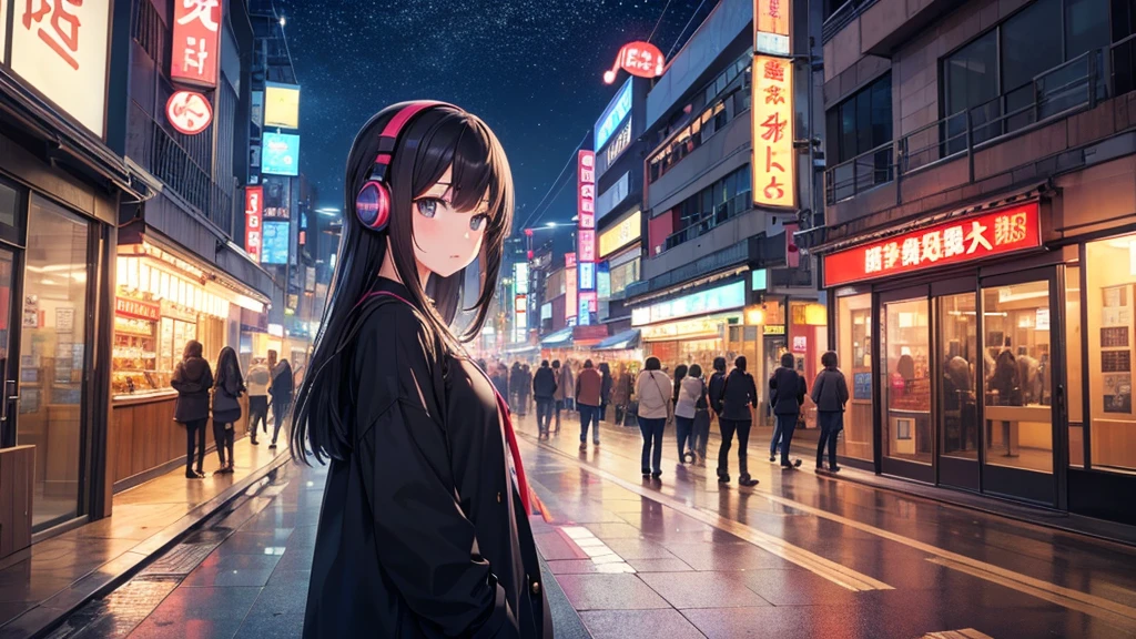 Standing at the entrance to Osaka Shinsekai。A young girl with black hair wearing stylish clothes and headphones labeled "lo-fi"
The girl is shown in profile, gazing into the distance with a calm, relaxed expression
Background depicts the iconic scenery of Namba, Osaka at night, without any text on signs
A starry night sky adding to the peaceful atmosphere
Overall mood is quiet and serene, perfect for lo-fi music
Detailed hair rendering and careful attention to the girl's fashionable outfit
The entire scene should evoke a relaxing, introspective feeling associated with lo-fi music