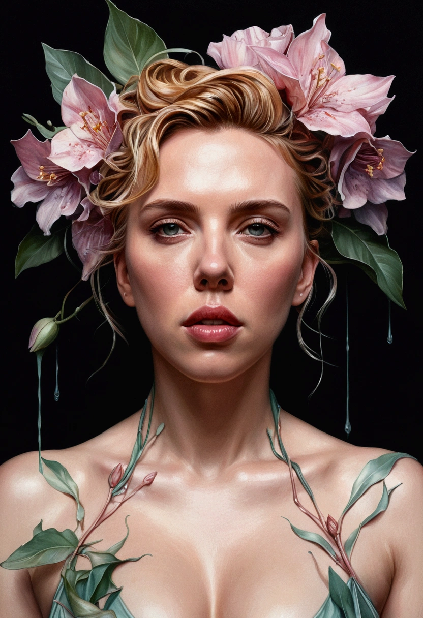 Scarlett Johansson in A botanical masterpiece in the style of Marco Mazzoni, detailed, hyper-realistic, front view, elemets of symbolism and surrealism, a painting by mse a attractive seductive Scarlett Johansson by agnes cecile, luminous design, pastel colours, ink drips, spring lights, intricate design, looking to the viewer intertwined, beautiful attractive seductive Scarlett Johansson, flowers, pastel, looking to the viewer, front view, bikini, 