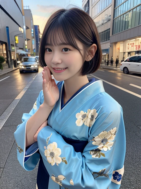 (She was wearing a beautiful and colorful blue kimono.、Close-up portrait of a short-haired woman with blunt bangs:1.5)、(A woman praying with her eyes open in a business district in Osaka:1.5)、(A business district under the winter sky:1.5)、(Perfect Anatomy:1.3)、(No mask:1.3)、(Full Finger:1.3)、33 years old、Slightly upturned、Married Woman Style、cute、Realistic、photograph、Tabletop、Highest quality、High resolution, Delicate and beautiful、Perfect Face、Beautiful attention to detail、Fair skin、Real human skin、pores、((Thin legs))、(Brown Hair)、(Smiling a little)