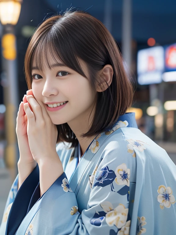 (She was wearing a beautiful and colorful blue kimono.、Close-up portrait of a short-haired woman with blunt bangs:1.5)、(A woman praying with her eyes open in a business district in Osaka:1.5)、(A business district under the winter sky:1.5)、(Perfect Anatomy:1.3)、(No mask:1.3)、(Full Finger:1.3)、33 years old、Slightly upturned、Married Woman Style、cute、Realistic、photograph、Tabletop、Highest quality、High resolution, Delicate and beautiful、Perfect Face、Beautiful attention to detail、Fair skin、Real human skin、pores、((Thin legs))、(Brown Hair)、(Smiling a little)
