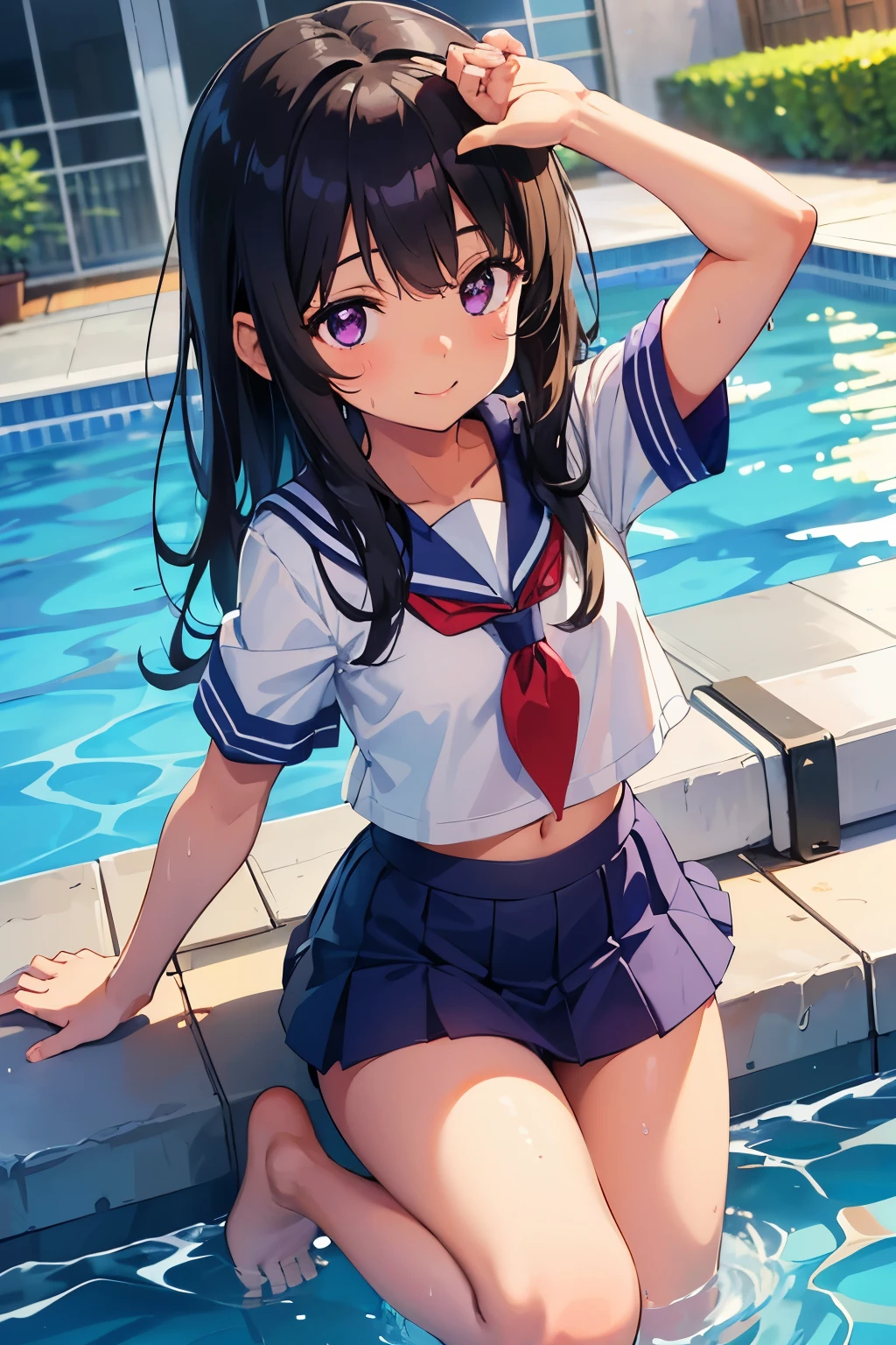 Elementary school girl, , toddler Flat chest, black hair, long hair, purple eyes smile ((Brown Skin)) White upper body, short-sleeved sailor uniform Navy blue mini skirt White panties ((I can see her panties)) barefoot Summer sunshine School swimming pool Waist-deep in the pool My whole body is wet splashes rise Dynamic Angle Low - Angle