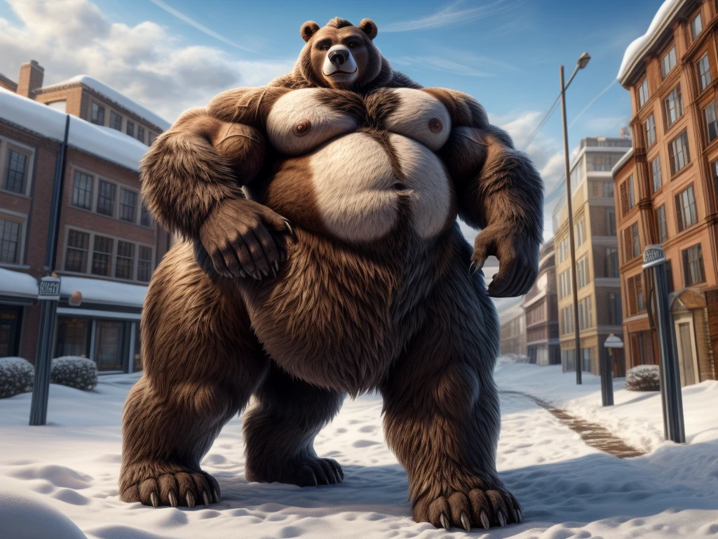 furry, fur taur, beartaur, middle-age, solo,1man, muscular man, detailed face, bear ears, bear eyes(brown), bear nose(black), bear mouth, beard(grey), mature hair(grey), detailed arm, thick arm, muscular, thick hands(5 fingers), claws, detailed body belly, thick body, muscle belly(white), thick chest, chest hair(white), nipples, detailed taur body, thick taur body, thick bear paws, bear claws, thick bear tail, full body shot, snow, cloud day, standing in the city