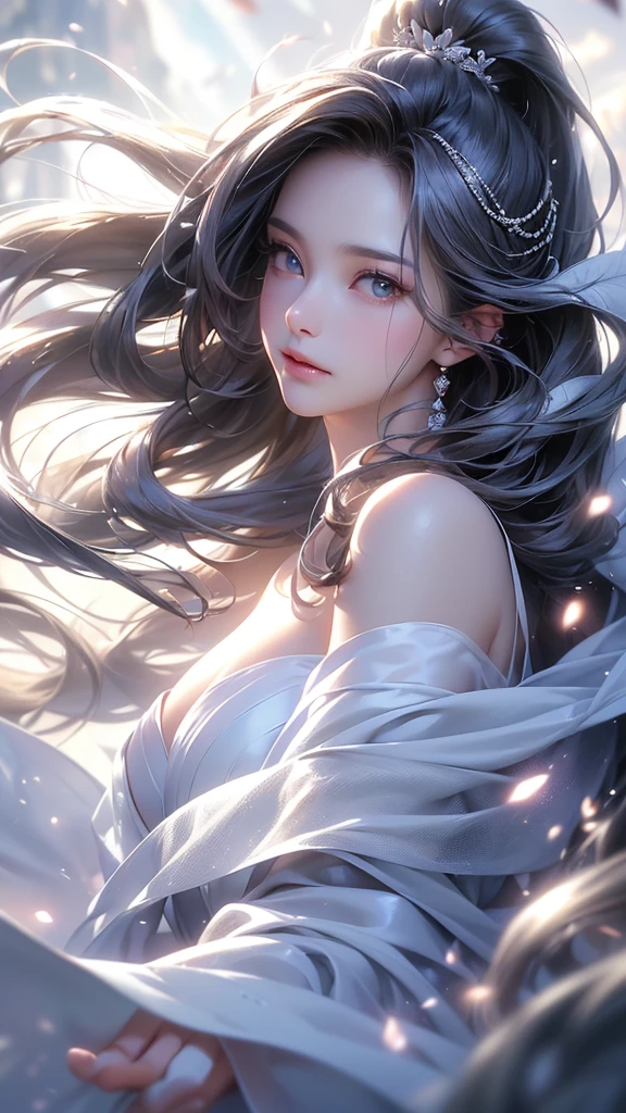 ((masterpiece:1.5、8k、Portraiture、フォトリアリスティックでVery detailedなCG、Very detailed、Particle Effects、Dynamic Effects、Shallow depth of field、Cinematic Light、Lens flare、Ray Tracing、Tabletop、Realistic:1.4、Ultra-high resolution:1.2、Realistic、Realistic))((alone、Off-the-shoulder clothing、Cashmere coat:1.4、Elegant woman posing、look up、Detailed face、bright表情、young, bright, Whiter skin、small breasts、Beautiful cleavage、Best Looks、Ultimate beauty、Shiny silver hair with highlights、bright and shiny hair,、Super long, Silky straight hair、Hair dancing in the wind))(morning、The setting is outdoors in the snow、Surrounded by illuminations)