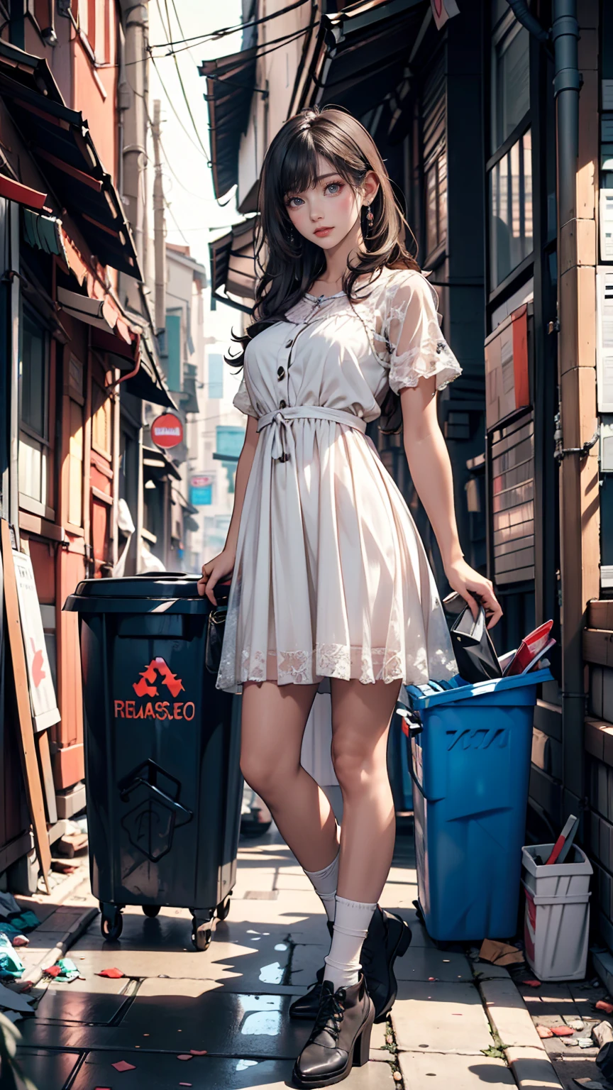 ((masterpiece, Highest quality)),girl, alone, dress, Are standing, Hello, alley, Outdoor, bangs, white dress, Gray Hair, Long Hair, Black footwear, Industrial Pipes, View your viewers, Air conditioning,Dim lighting, garbage, garbage bin, hxh2011 