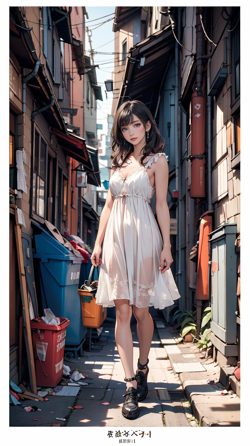 ((masterpiece, Highest quality)),girl, alone, dress, Are standing, Hello, alley, Outdoor, bangs, white dress, Gray Hair, Long Hair, Black footwear, Industrial Pipes, View your viewers, Air conditioning,Dim lighting, garbage, garbage bin, hxh2011