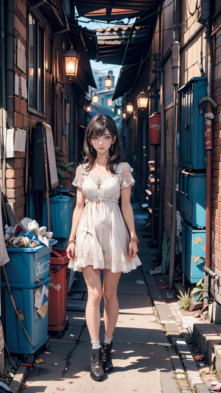 ((masterpiece, Highest quality)),girl, alone, dress, Are standing, Hello, alley, Outdoor, bangs, white dress, Gray Hair, Long Hair, Black footwear, Industrial Pipes, View your viewers, Air conditioning,Dim lighting, garbage, garbage bin, hxh2011 