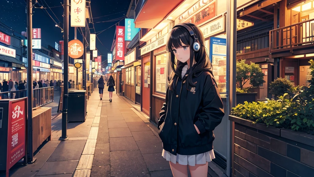 Standing at the entrance to Osaka Shinsekai。A young girl with black hair wearing stylish clothes and headphones labeled "lo-fi"
The girl is shown in profile, gazing into the distance with a calm, relaxed expression
Background depicts the iconic scenery of Namba, Osaka at night, without any text on signs
A starry night sky adding to the peaceful atmosphere
Overall mood is quiet and serene, perfect for lo-fi music
Detailed hair rendering and careful attention to the girl's fashionable outfit
The entire scene should evoke a relaxing, introspective feeling associated with lo-fi music