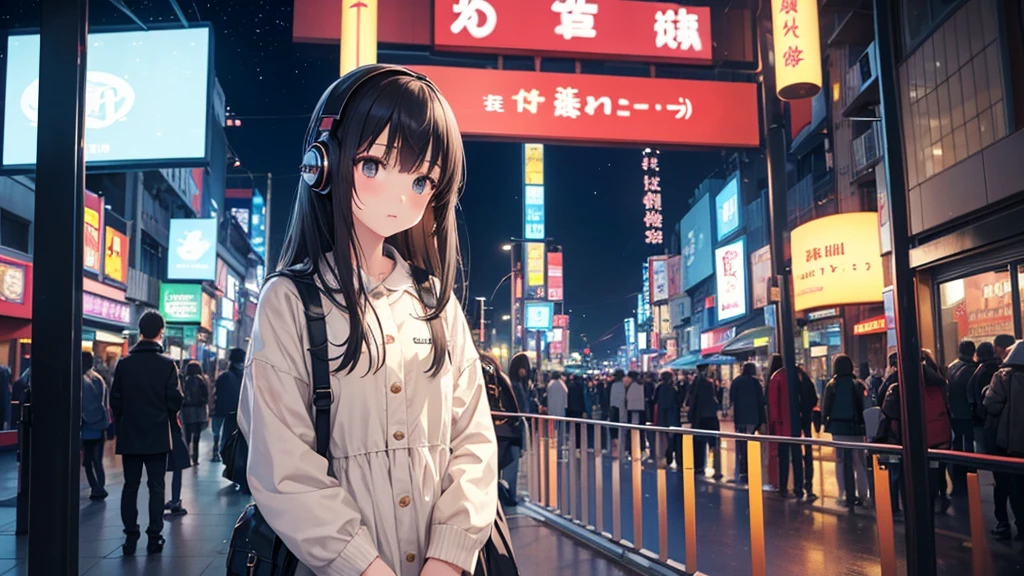 Standing at the entrance to Osaka Shinsekai。A young girl with black hair wearing stylish clothes and headphones labeled "lo-fi"
The girl is shown in profile, gazing into the distance with a calm, relaxed expression
Background depicts the iconic scenery of Namba, Osaka at night, without any text on signs
A starry night sky adding to the peaceful atmosphere
Overall mood is quiet and serene, perfect for lo-fi music
Detailed hair rendering and careful attention to the girl's fashionable outfit
The entire scene should evoke a relaxing, introspective feeling associated with lo-fi music